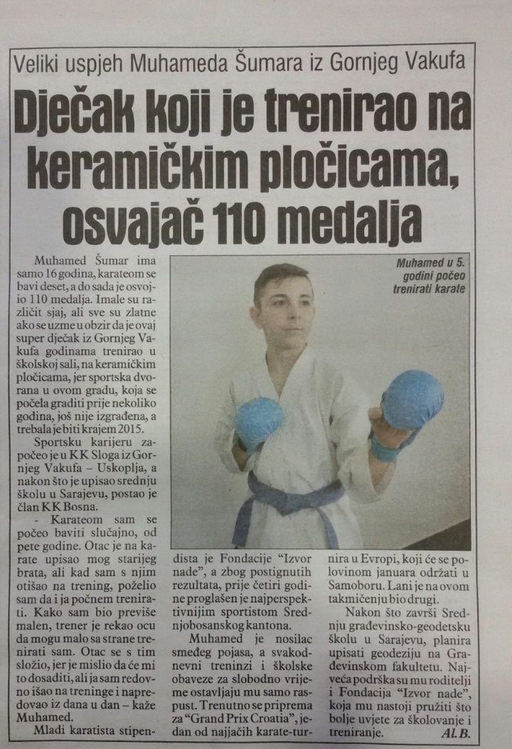 Dnevni avaz, članak o Muhamedu Šumaru, stipendisti Fondacije "Izvor nade"